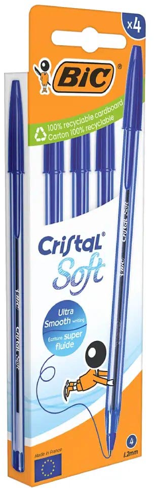 BIC -  balpen Cristal Soft, medium punt, blauw, blister van 4 stuks