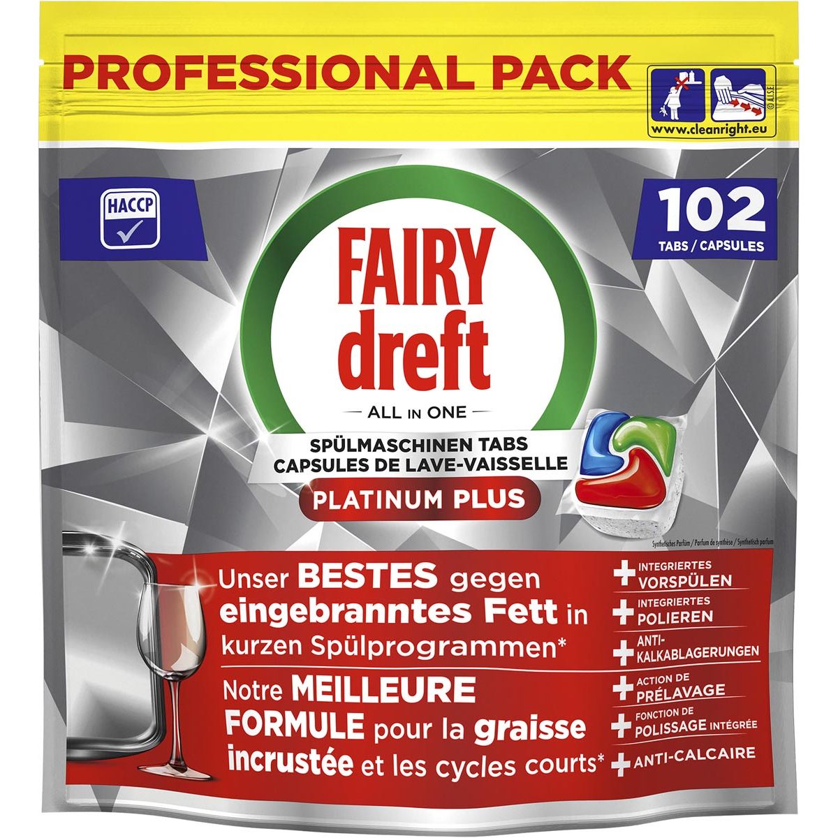 Dreft -  Pro Platinum Plus vaatwastabletten, Regular, pak van 102 capsules