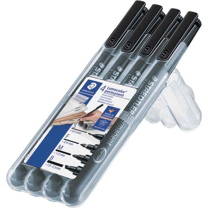 Staedtler - Lumocolor 319, Permanentmarker Spezial, 4 Stück in verschiedenen Schreibbreiten, schwarz