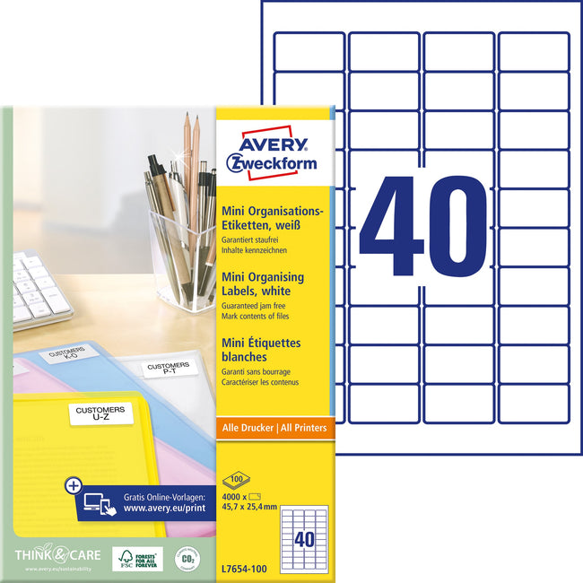 Avery -  Etiket  l7654-100 45.7x25.4mm wit 4000st