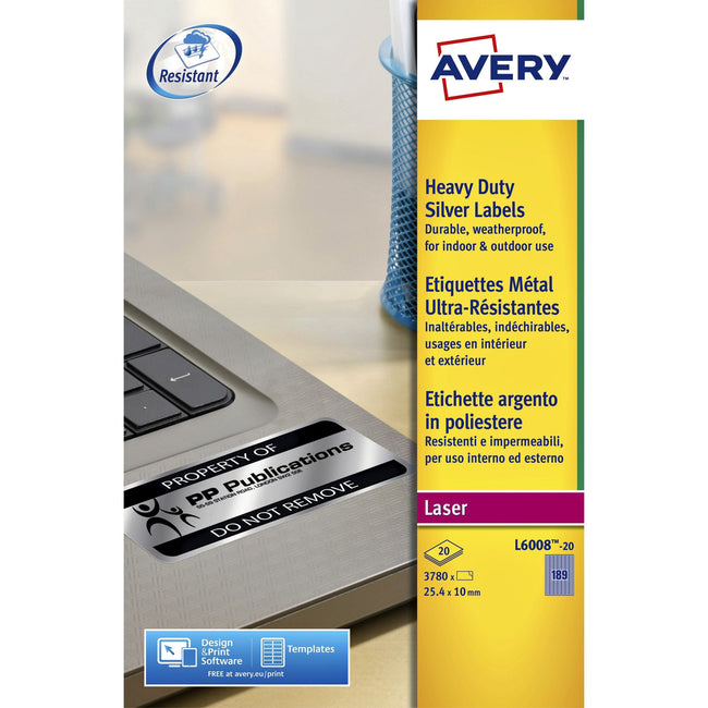 Avery -  Etiket  l6008-20 25.4x10mm zilver 3780st