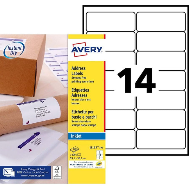 Avery -  Etiket  j8163-100 99.1x38.1mm wit 1400st