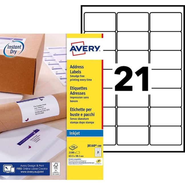 Avery -  Etiket  j8160-100 63.5x38.1mm wit 2100st