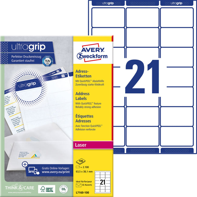 Avery -  Etiket  l7160-100 63.5x38.1mm wit 2100st | 5 stuks