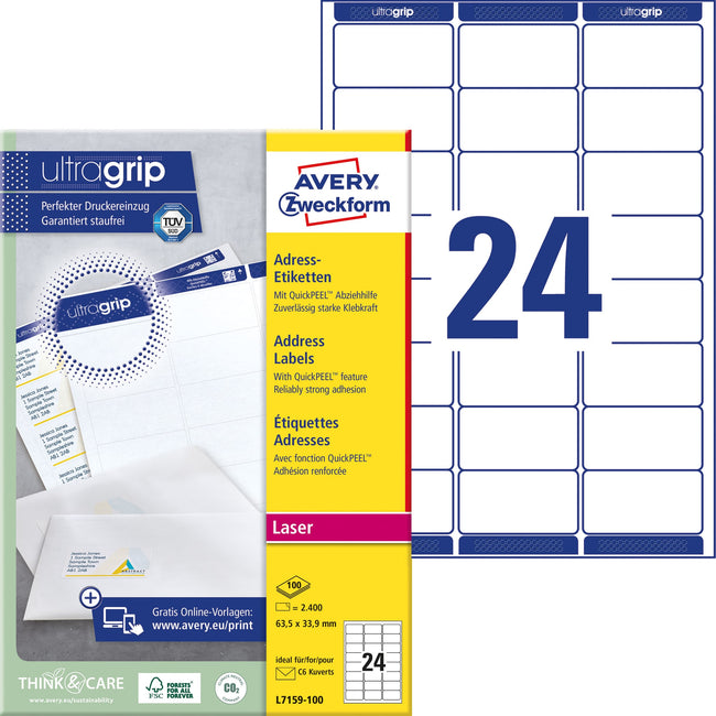 Avery -  Etiket  l7159-100 63.5x33.9mm wit 2400st | 5 stuks