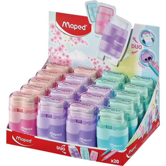 Maped - Bleistiftspitzer Connect 2 Löcher mit Radiergummi Display mit 20 Stück Pastell sortiert | 20 Stück