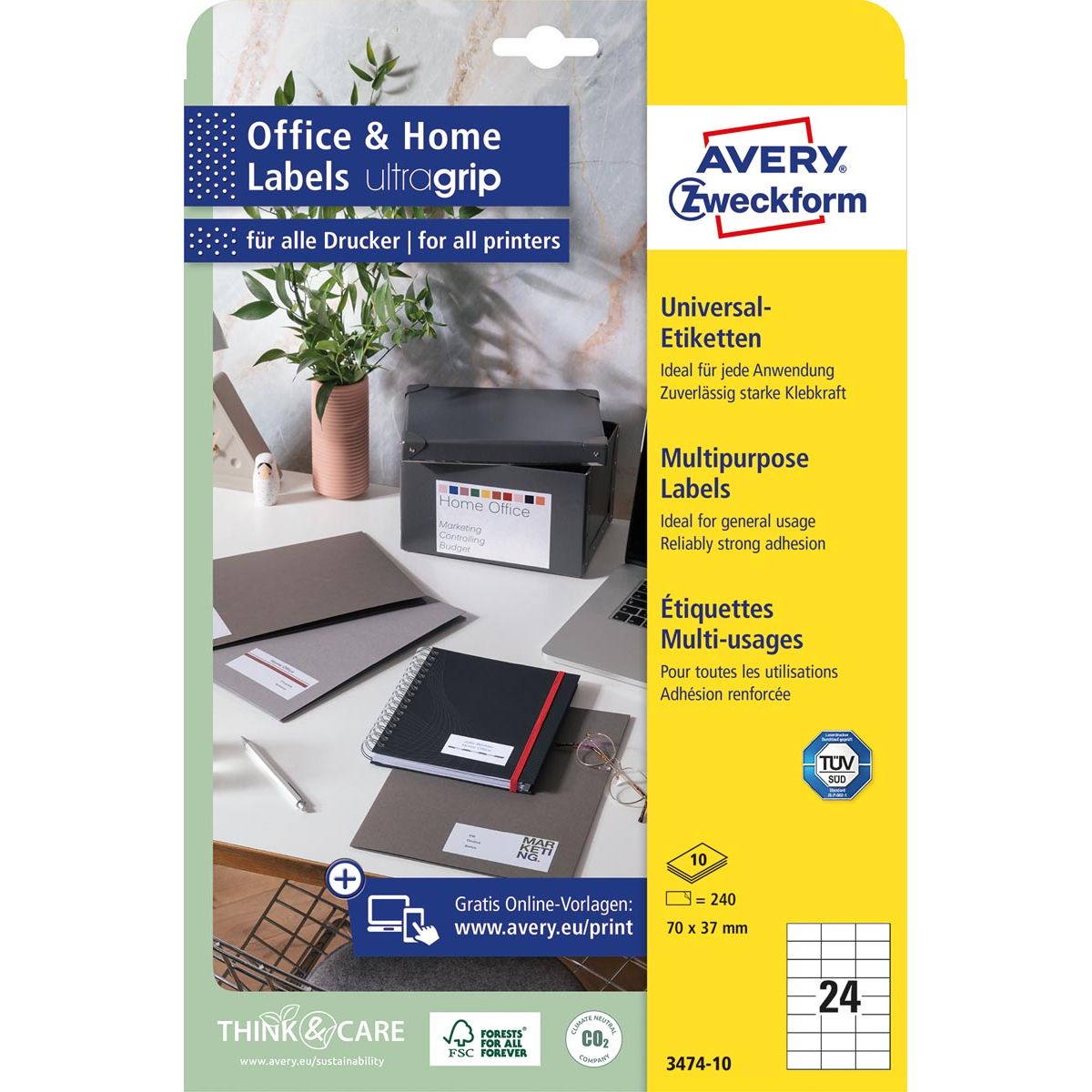 Avery Zweckform - Zweckform Universaletiketten, 70 x 37 mm, weiß, permanent klebend, 240 Etiketten, 10 Blatt