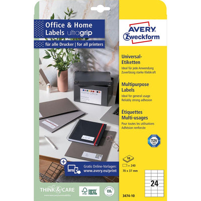 Avery Zweckform - Zweckform Universaletiketten, 70 x 37 mm, weiß, permanent klebend, 240 Etiketten, 10 Blatt