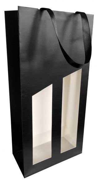 Timmerspackaging - Weinflaschentasche 2 Flaschen 19x9,5X38,5cm Seduction schwarz beschichtet mit Fenster 10 Stück