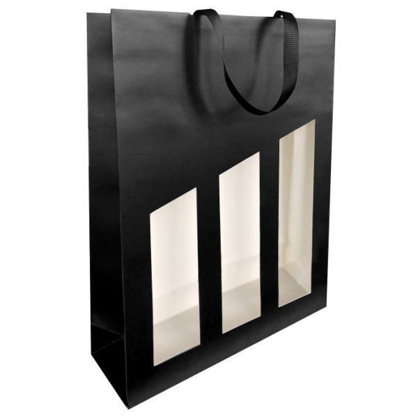 Verführung - Weinflaschentasche 3 Flaschen 19x9,5X38,5cm schwarz beschichtet mit Fenster 10 Stück
