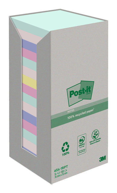 Post-it - Notizblock 654-RTP 76x76mm recycelter Regenbogenpastell 16 Stück