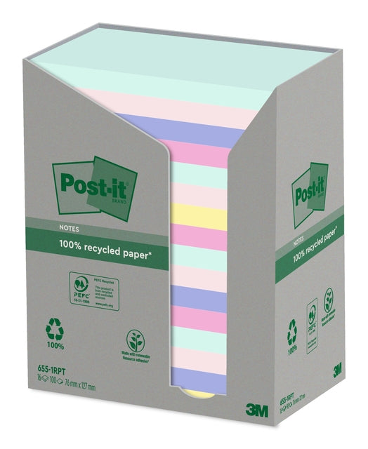 Memoblok 3m post-it 655 76x127mm recycelter Regenbogenpastell