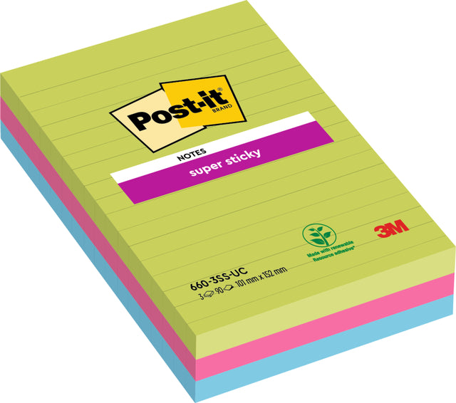 Memo-Block 3M Post-It 660 Super klebriger 102x152mm Line Regenbogen