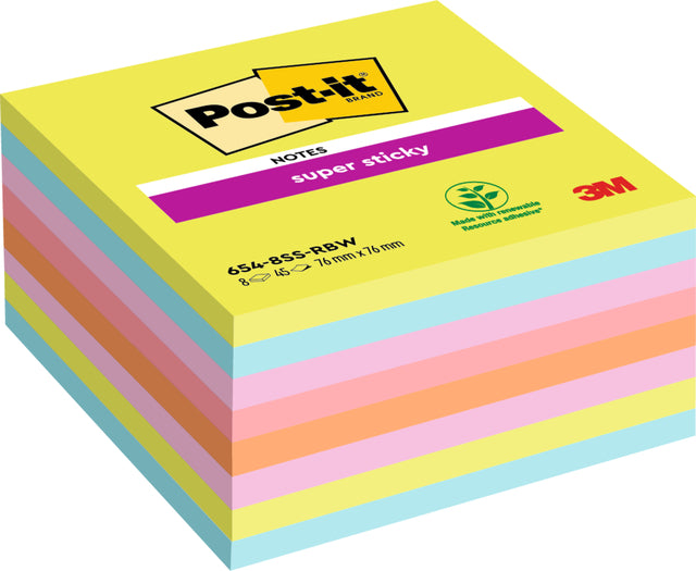 Memo-Block 3M Post-It 654 Super Sticky 76x76mm Regenbogen 360 Blatt