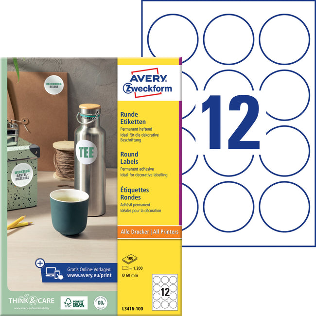 Avery Zweckform -  Etiket avery l3416 rond 60mm wit 1200st