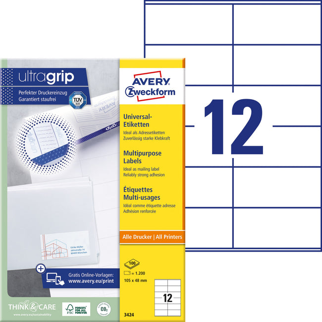 Avery Zweckform -  Etiket avery 3424 105x48mm wit 1200st