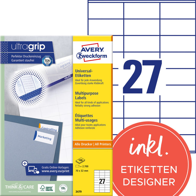 Avery Zweckform -  Etiket avery 3479 70x32mm wit 2700st