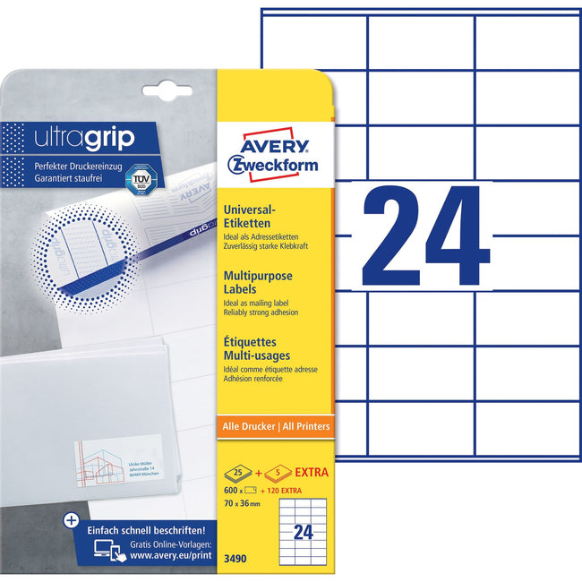 Avery Zweckform -  Etiket avery 3490 70x36mm wit 600st