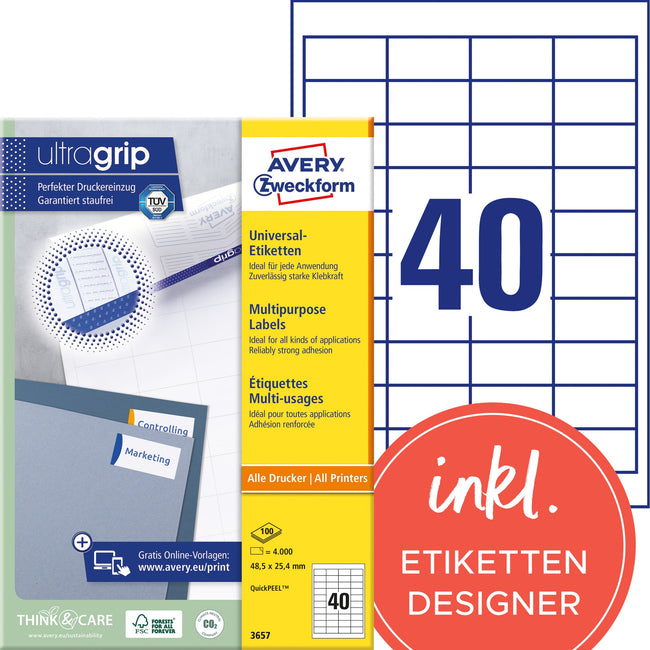 Avery Zweckform -  Etiket avery 3657 48.5x25.4mm wit 4000st
