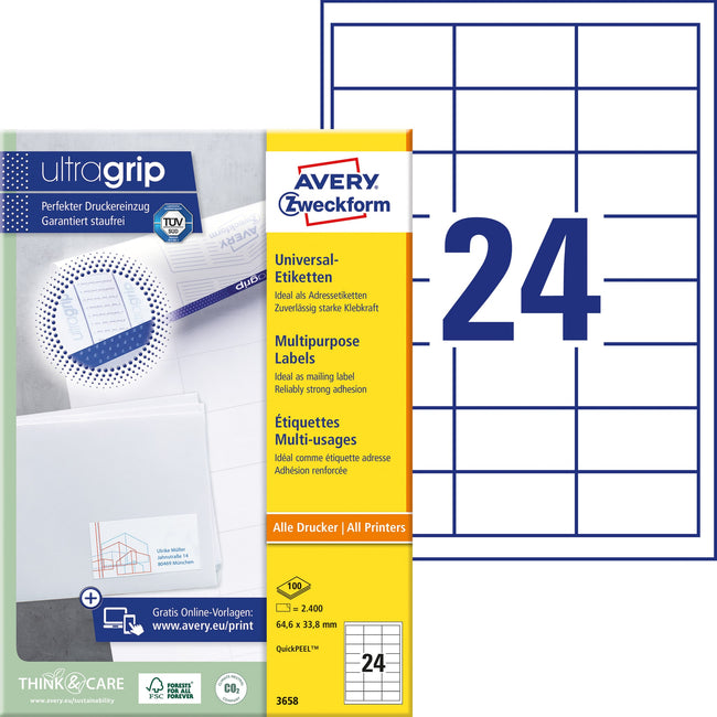 Avery Zweckform -  Etiket avery 3658 64.6x33.8mm wit 2400st
