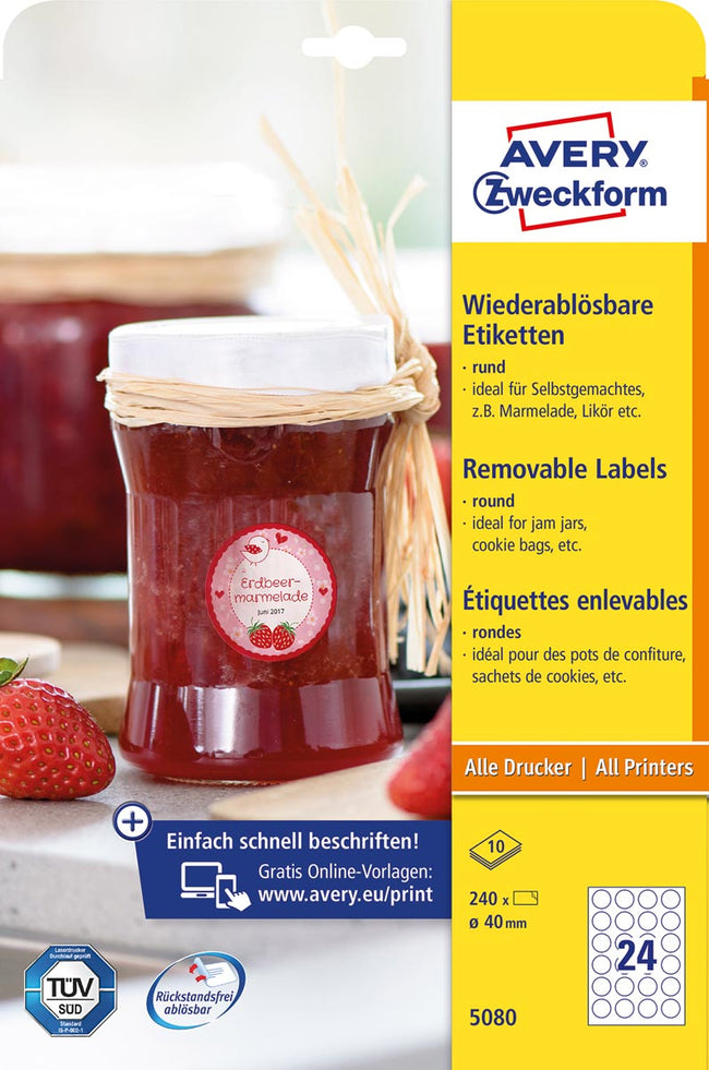 Avery Zweckform -  Zweckform ronde etiketten, diameter 40 mm, wit, afneembaar, 240 etiketten, 10 vellen