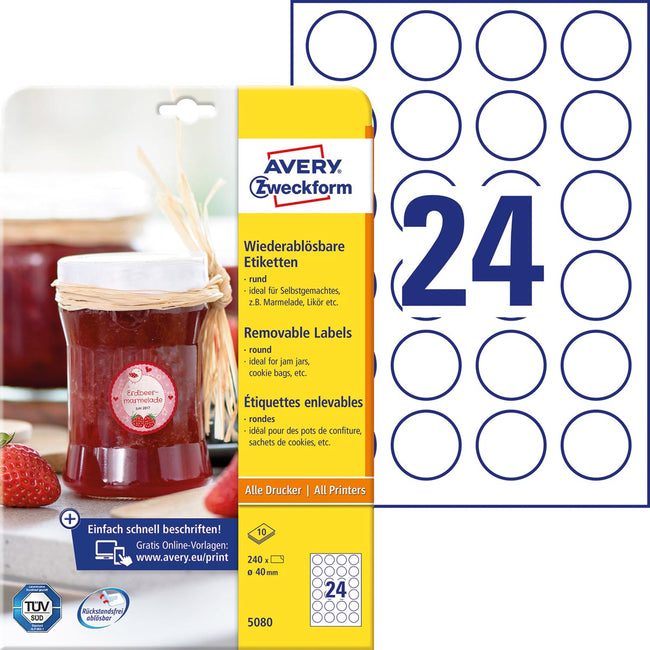 Avery Zweckform -  Zweckform ronde etiketten, diameter 40 mm, wit, afneembaar, 240 etiketten, 10 vellen (afbeelding 2)