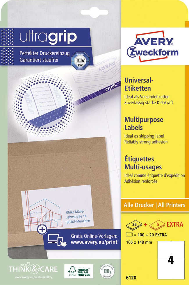 Avery Zweckform -  Zweckform 6120, Universele etiketten, Ultragrip, wit, 25+5 vel, 4 per vel, 105 x 148 mm