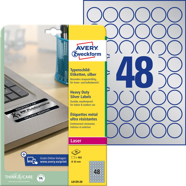 Avery Zweckform -  Etiket avery l6129-20 rond 30mm zilver 960st