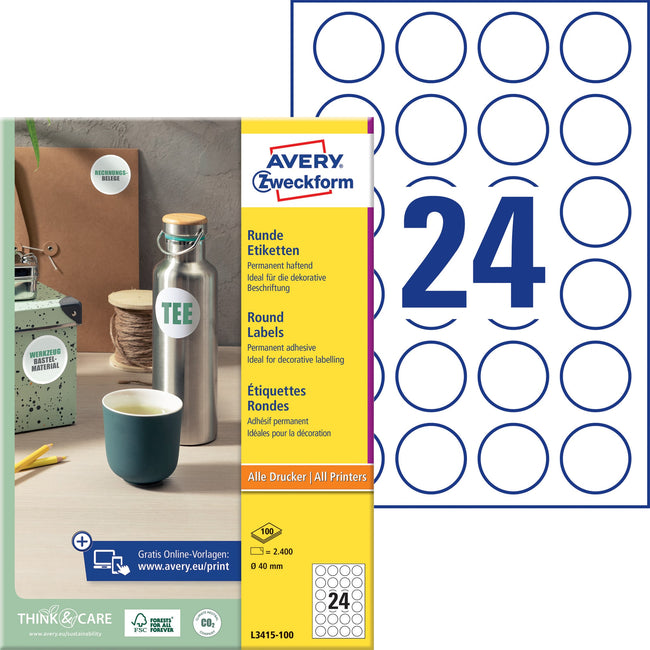 Avery Zweckform -  Etiket avery l3415 rond 40mm wit 2400st | 5 stuks