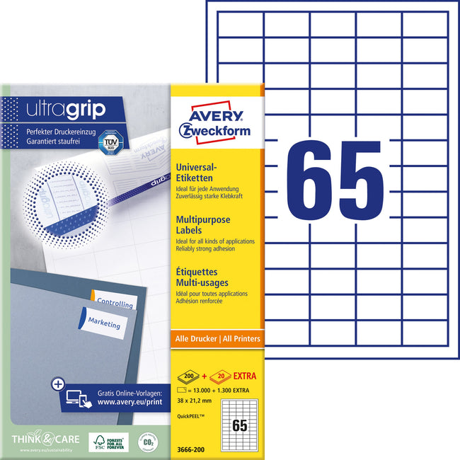 Avery Zweckform -  Etiket avery 3666 38x21.2mm wit 13000st
