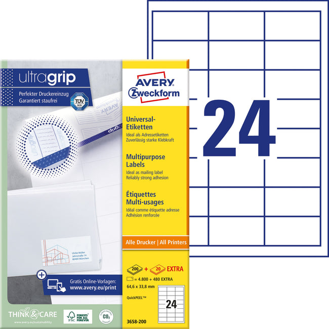 Avery Zweckform -  Etiket avery 3658 64.6x33.8mm wit 4800st