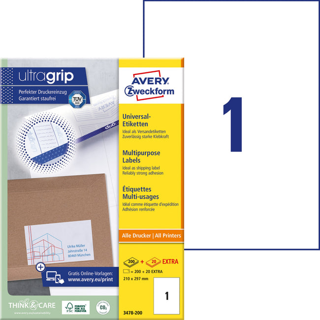Avery Zweckform -  Etiket avery 3478 210x297mm a4 wit 200st