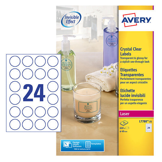 Avery -  Etiket  l7780-25 rond 40mm transparant 600st | 5 stuks