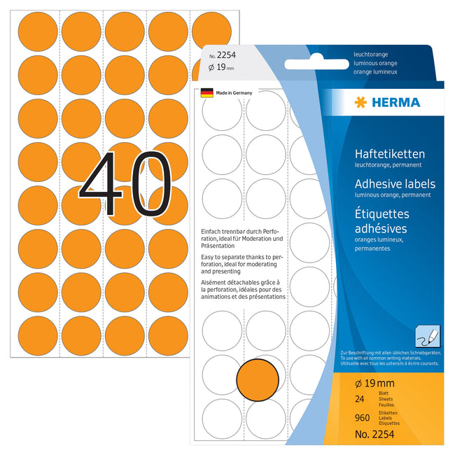 HERMA -  Etiket  2254 rond 19mm fluor oranje 960st
