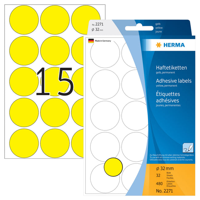 HERMA -  Etiket  2271 rond 32mm geel 480st