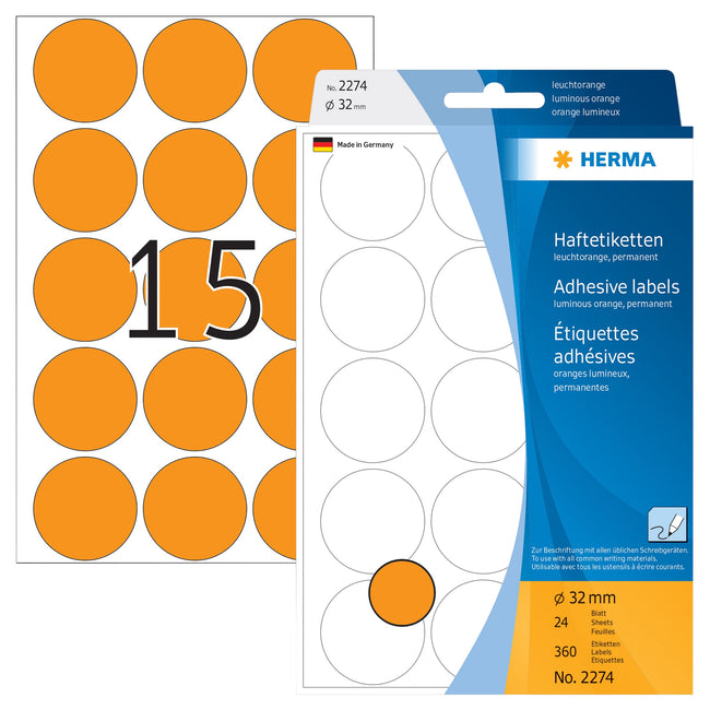 HERMA -  Etiket  2274 rond 32mm fluor oranje 360st