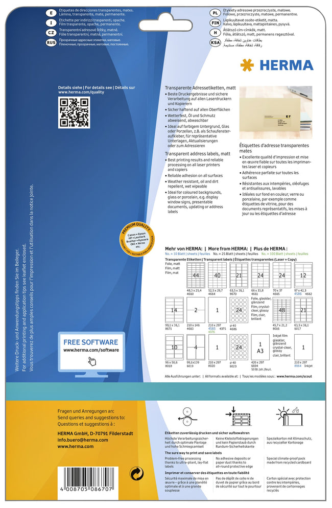 HERMA -  Etiket  8670 a4 63.5x38.1mm folie transp mat
