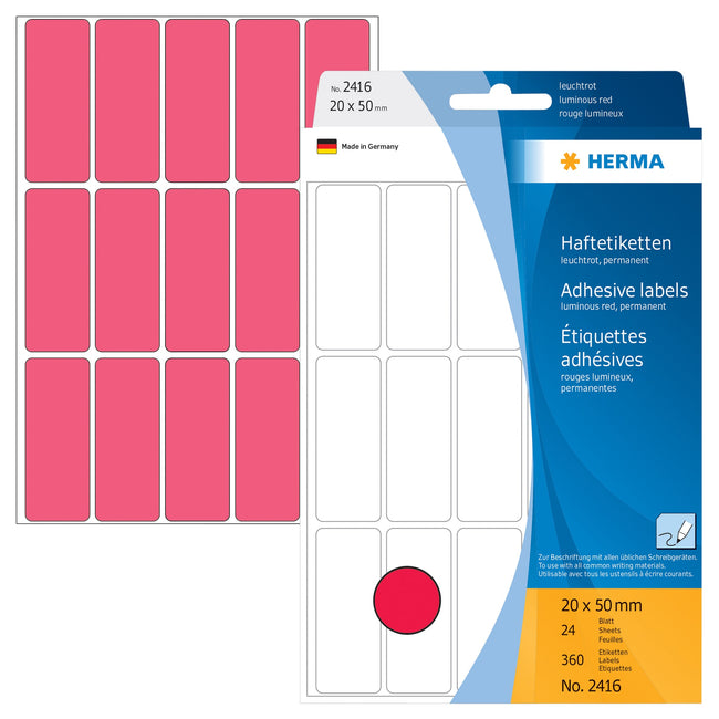 HERMA -  Etiket  2416 20x50mm fluor rood 360st | 10 stuks