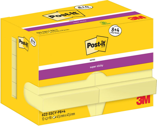 Post-it Super Sticky -   Notes, 90 vel, ft 47,6 x 47,6 mm, geel, 8 + 4 GRATIS