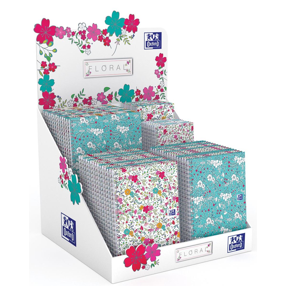 Oxford - Floraler Notizblock und Spiralnotizbuch, ft A5/A6/B5, liniert und kariert 5 mm, Display mit 60 Stück