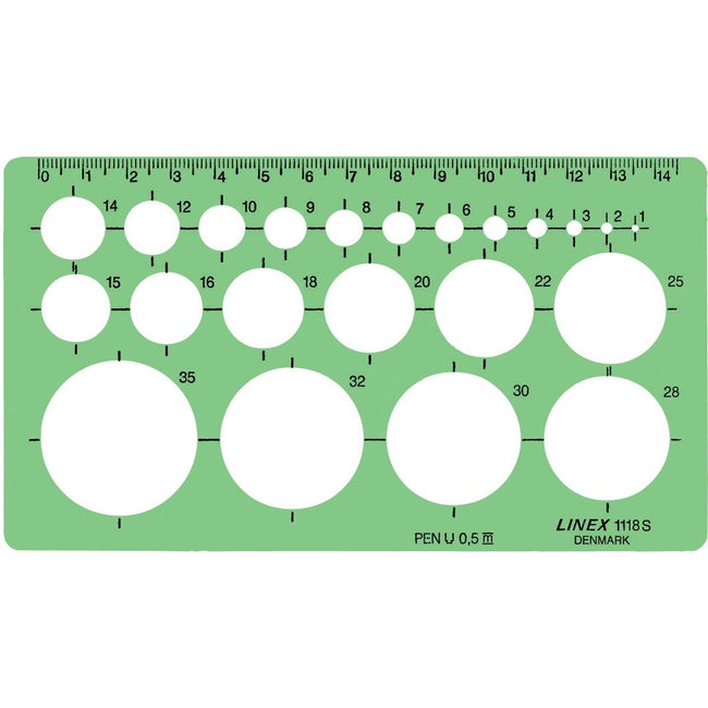 Linex - Kreisschablone 22 Kreise mit Tuschefüßen 1-35mm grün