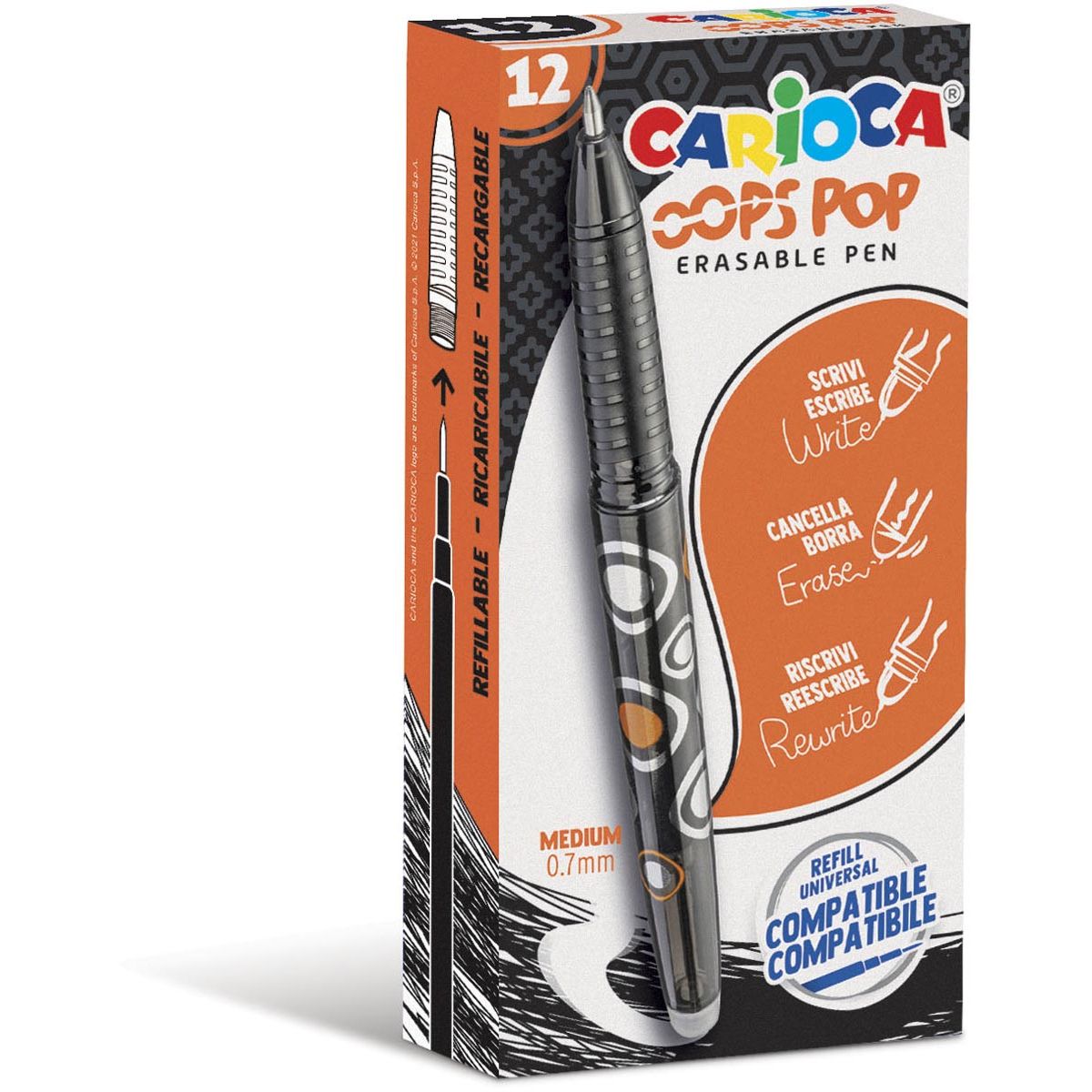 Carioca - Gelroller Oops Pop, mittel, radierbar, Box à 12 Stück, schwarz