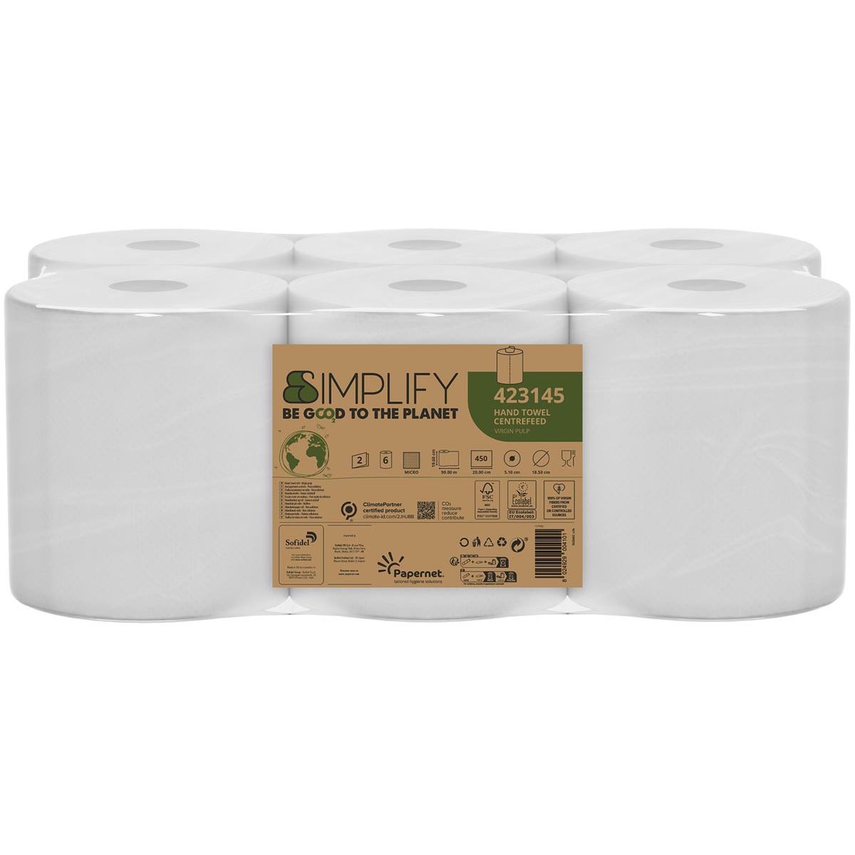 Papernet -   papieren handdoeken Simplify Centerfeed, 2-laags, 90 m, 450 vel, pak van 6 rollen