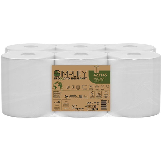 Papernet -   papieren handdoeken Simplify Centerfeed, 2-laags, 90 m, 450 vel, pak van 6 rollen