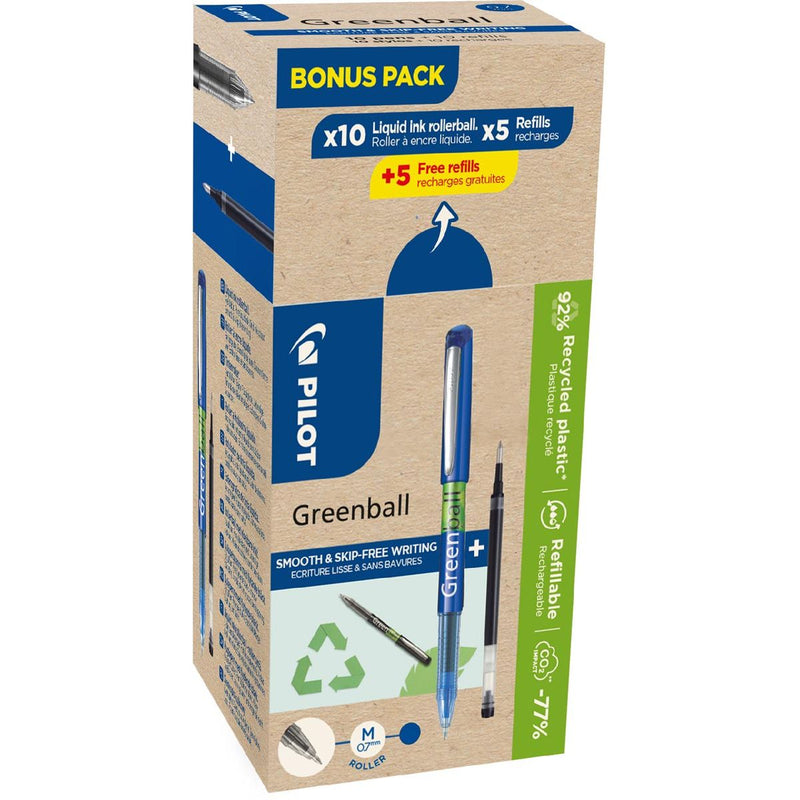 Pilot – Greenball Tintenroller, mittlere Spitze, 10 Rollen + 10 Nachfüllungen, mittel, blau