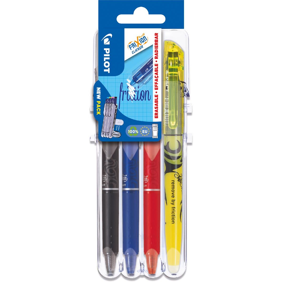 Pilot - Roller Frixion Ball Clicker, Set 2 Go Blister mit 4 Teilen: Schwarz, Blau, Rot und Hellgelb
