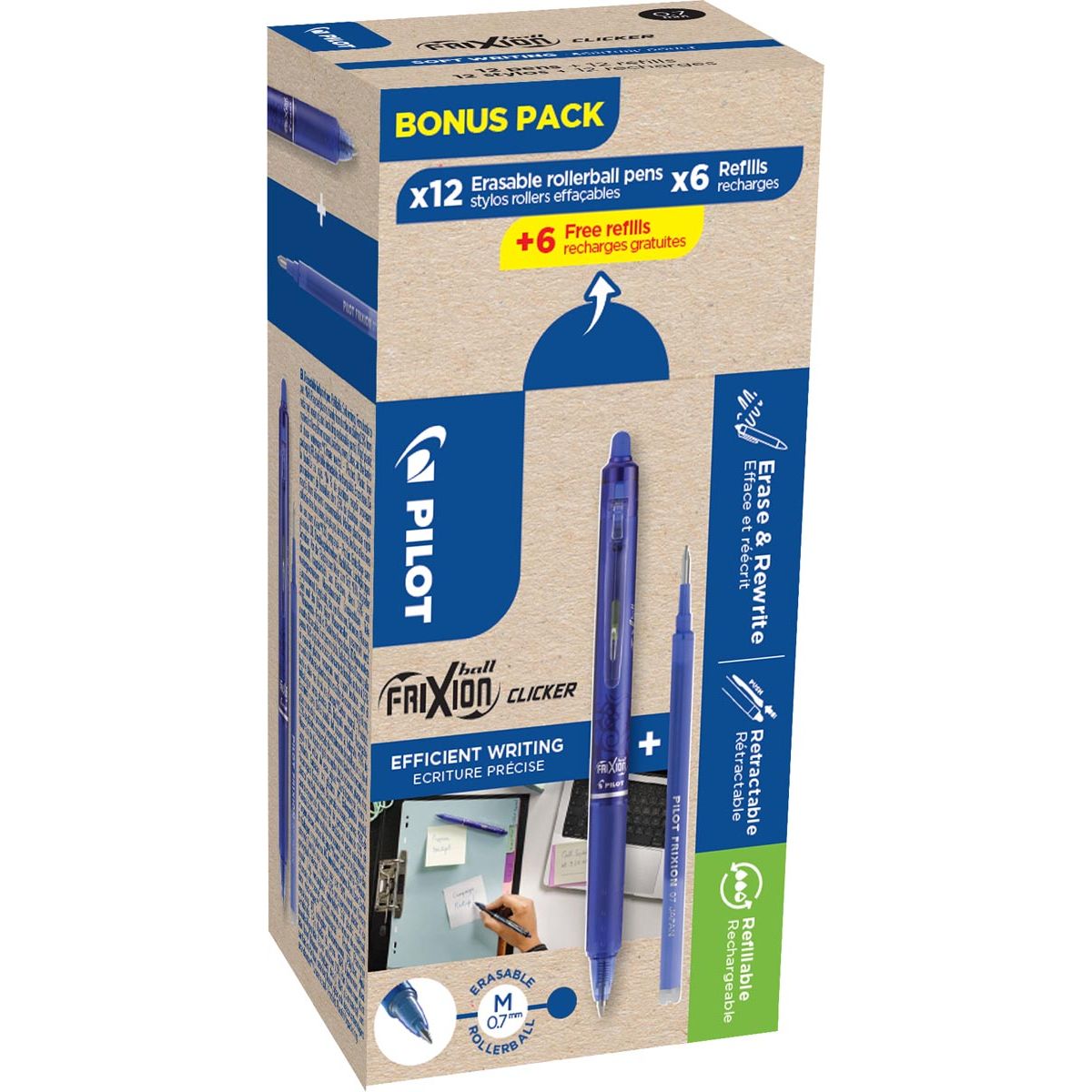 Pilot - Frixion Ball Clicker, 12 Rollen und 6+6 Nachfüllungen 0,7 mm, blau