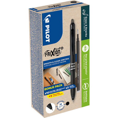 Pilot - FriXion Ball Plus Roller, mittel, schwarz, Box mit 10 Stück + 10 Nachfüllungen