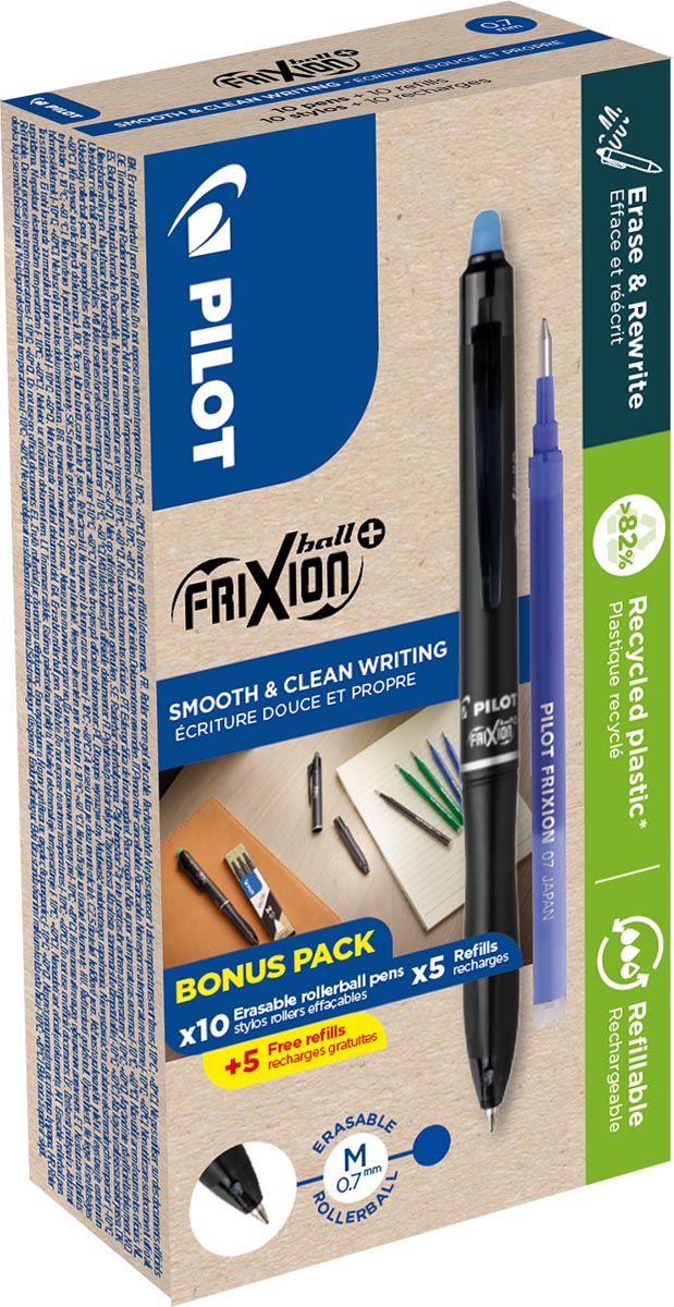 Pilot - FriXion Ball Plus Roller, mittel, blau, Box mit 10 Stück + 10 Nachfüllungen