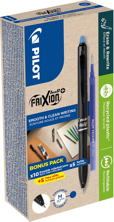 Pilot - FriXion Ball Plus Roller, mittel, blau, Box mit 10 Stück + 10 Nachfüllungen